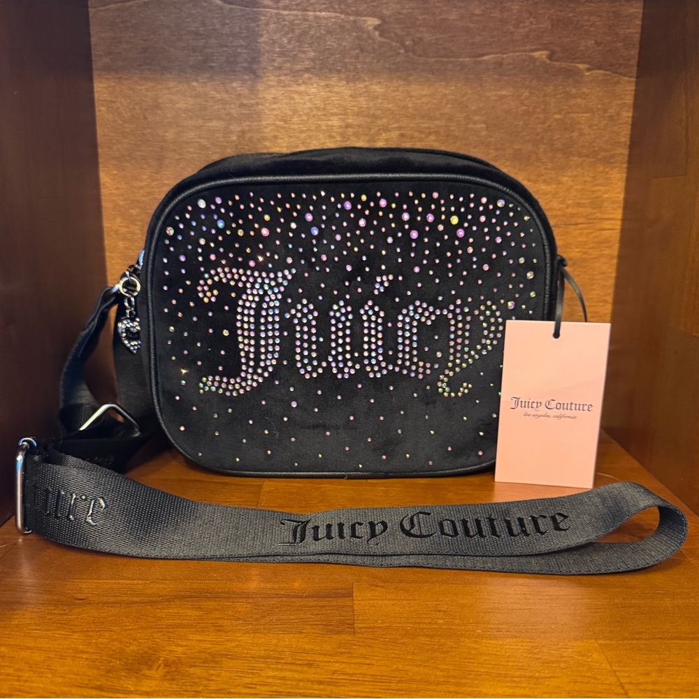 Juicy Couture Black Let It Shine Crossbody Bag with Rainbow Rhinestones BNWT